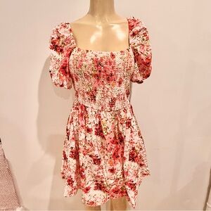 H&M Floral Smocked Dress Sz M Puff Sleeves Square Neck Cotton Fit Flare